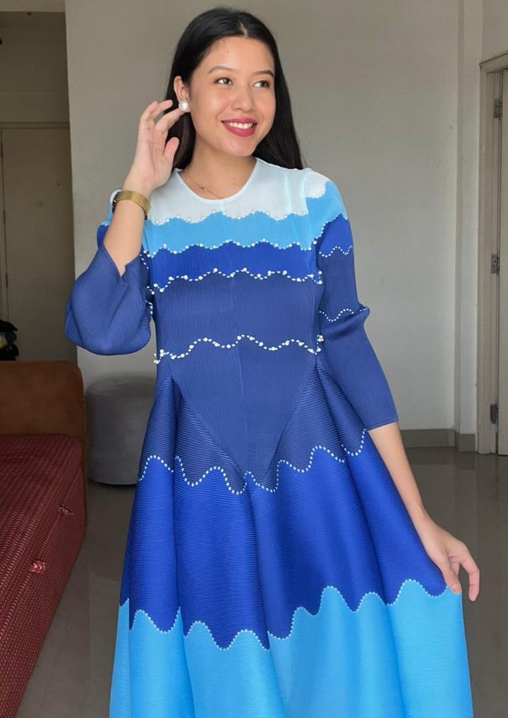 Blue Ripple Pleated Midi Dress