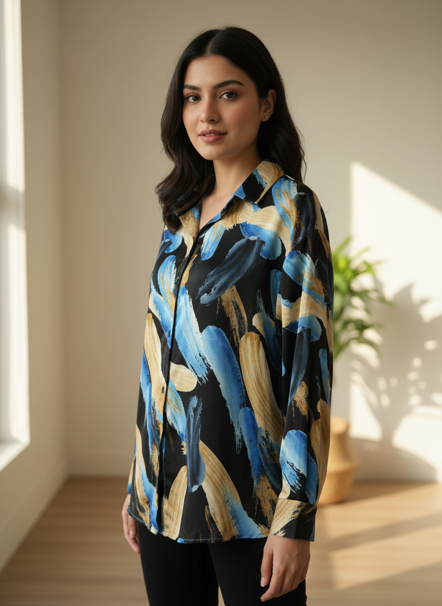 Ocean Brushstroke Satin Shirt