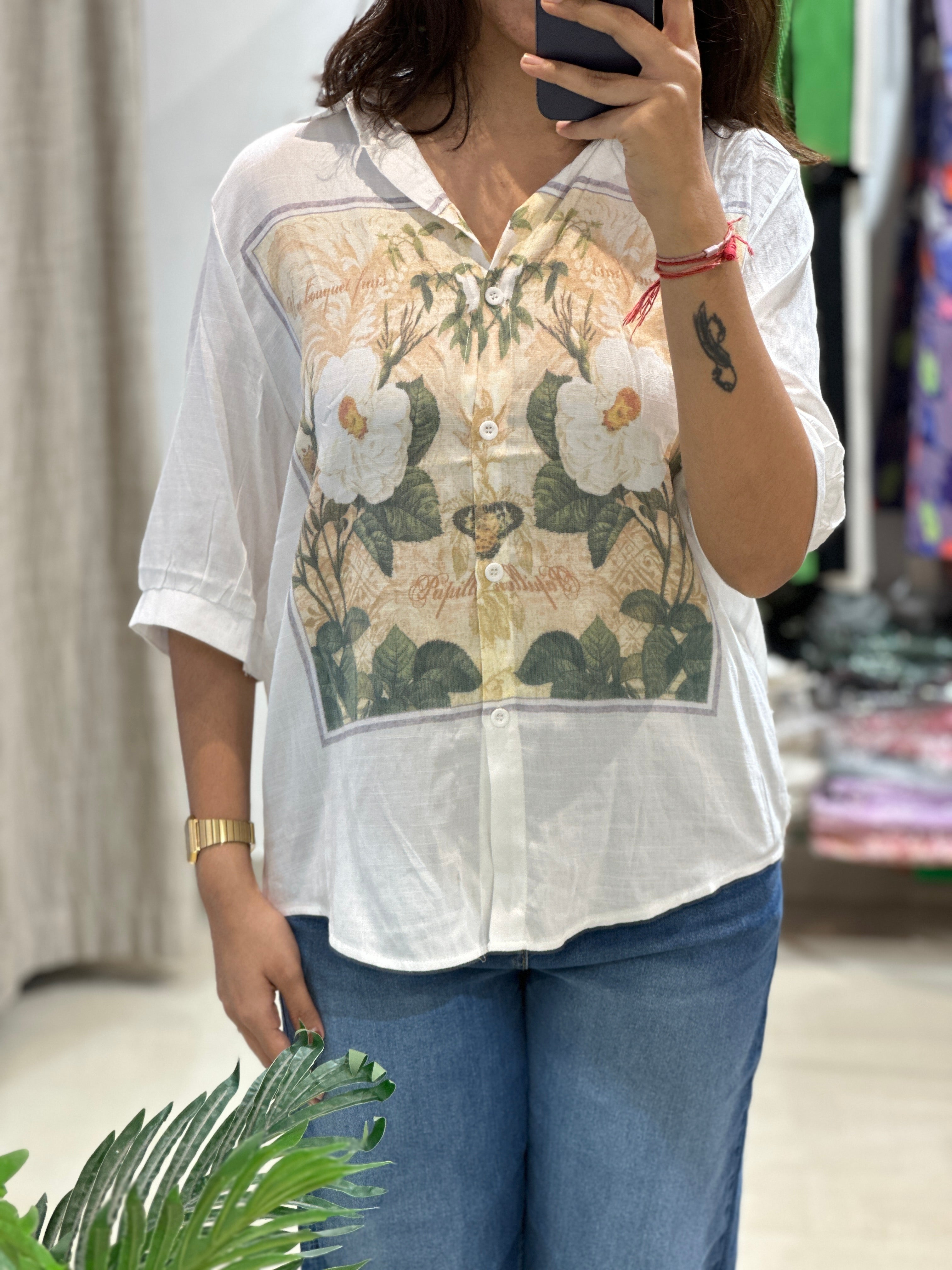 White Floral Linen Shirt