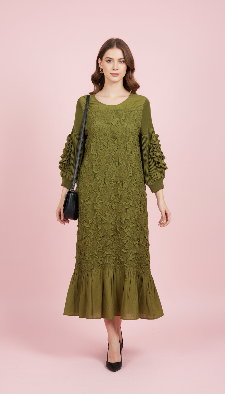 The Elena Pleated Dress in Olive