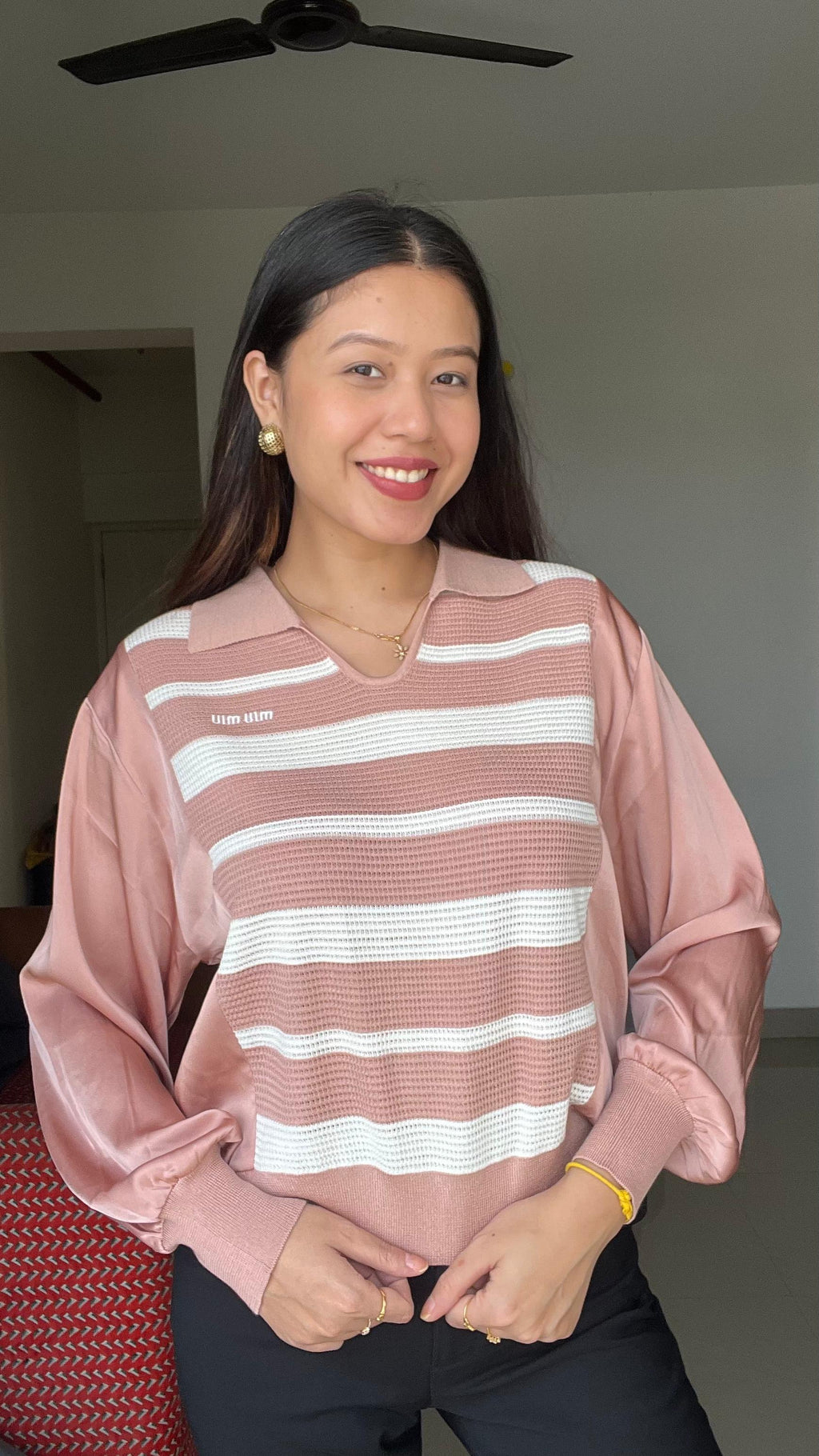 Rosé Striped Polo Knit Blouse