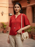 Red Textured Button-Down Top