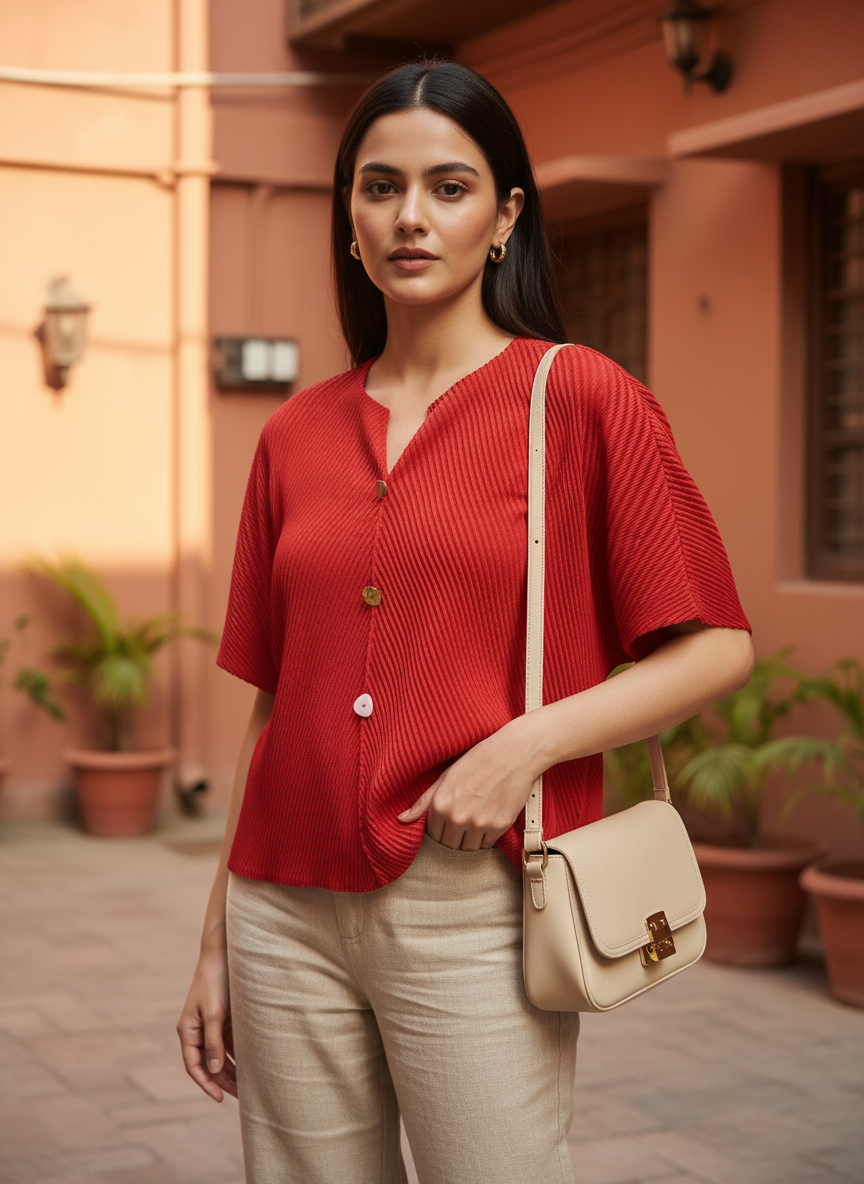 Red Textured Button-Down Top