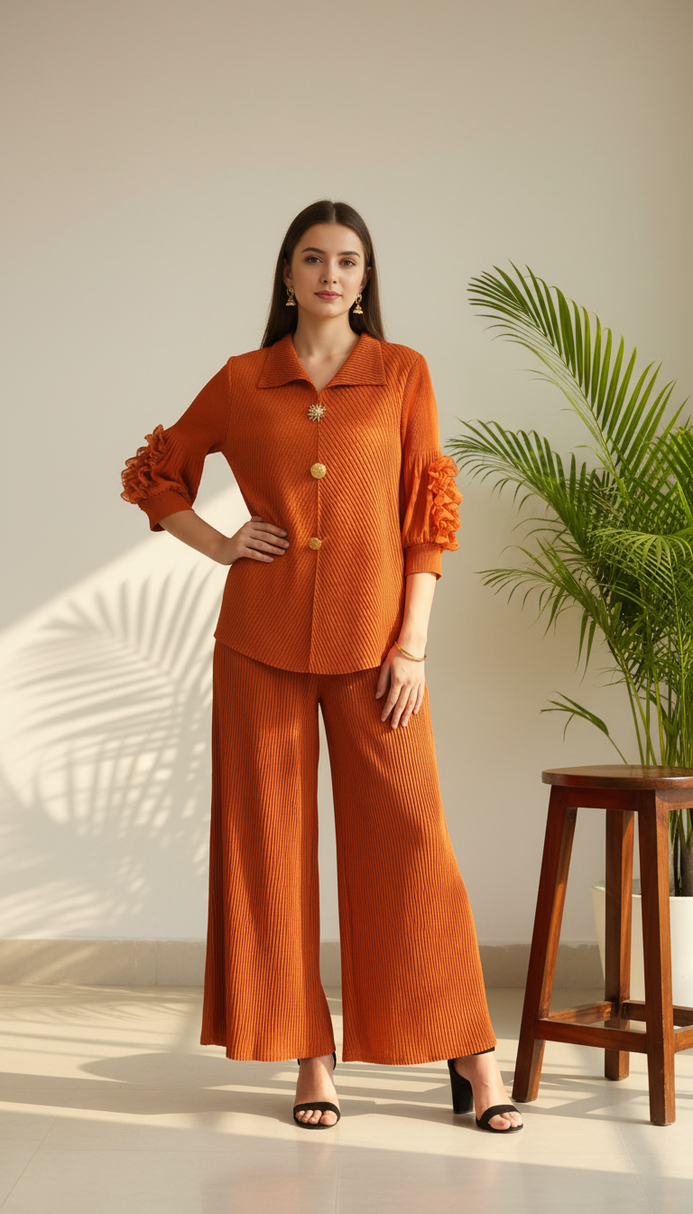 The Royal Amethyst Pleated Co-ord- Rusty Orange