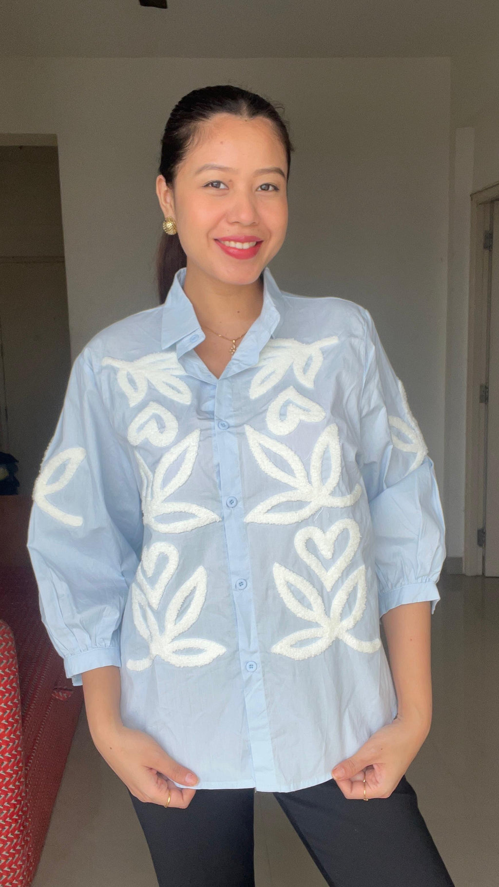 Ice Blue Textured Appliqué Shirt