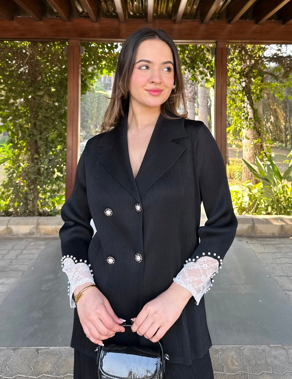 The Elara Lace-Trim Pleated Set- Black
