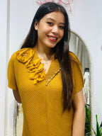 Floral Embellished V-Neck Pleated Blouse - Plus Size Friendly