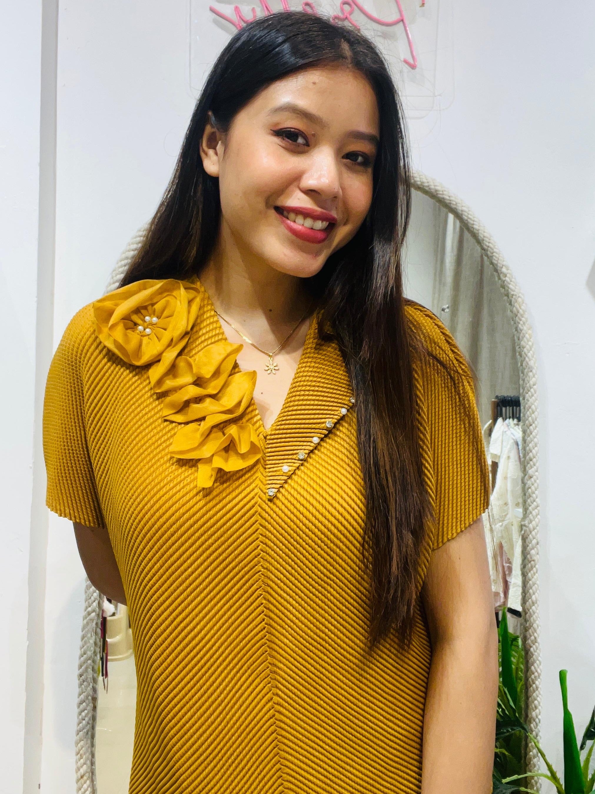 Floral Embellished V-Neck Pleated Blouse - Plus Size Friendly