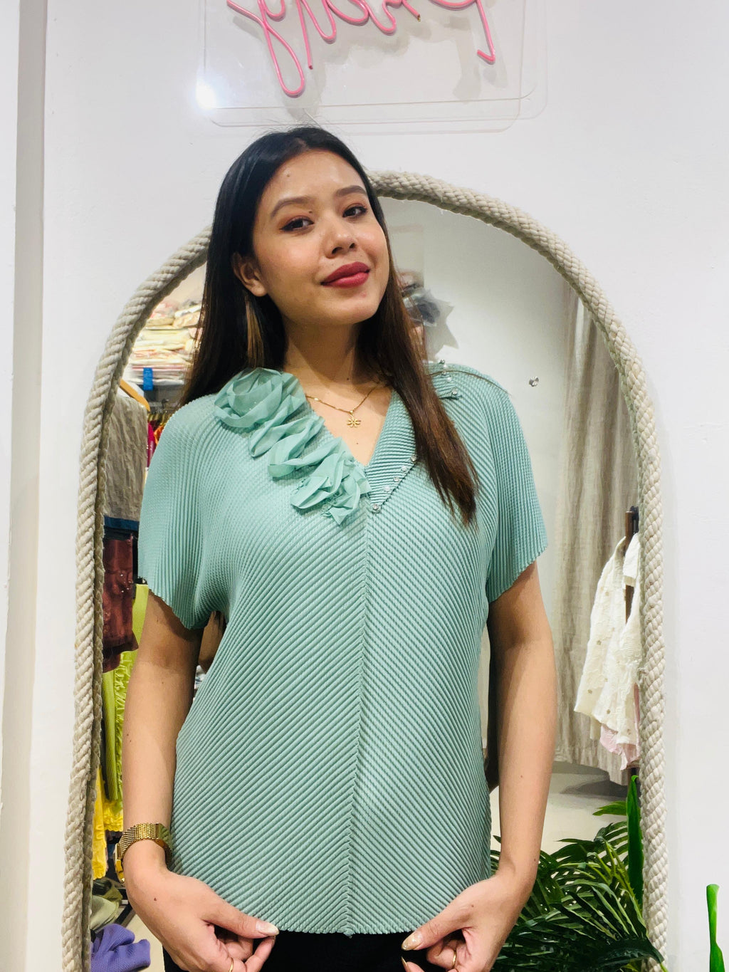 Floral Embellished V-Neck Pleated Blouse - Plus Size Friendly