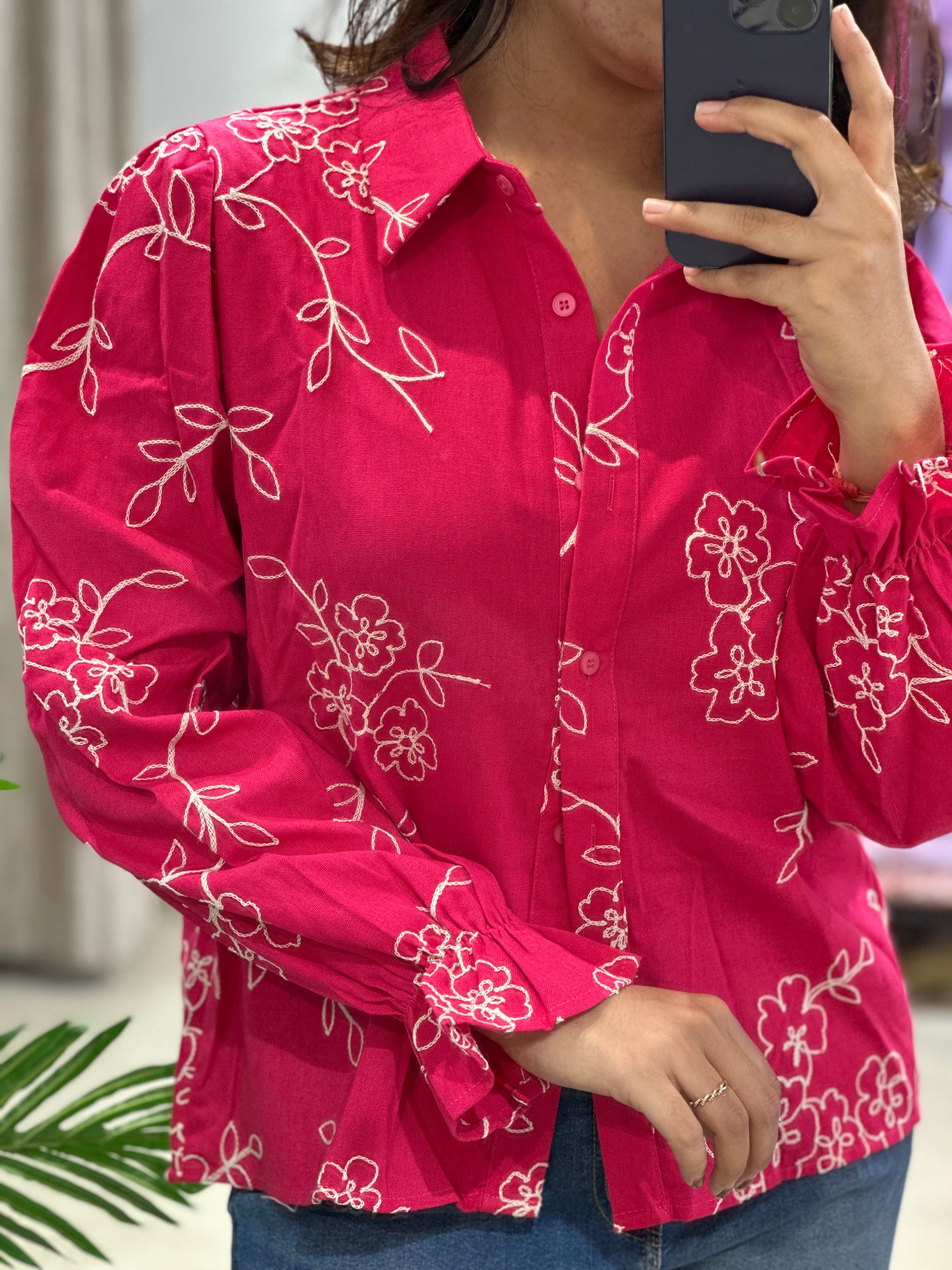 Linen Khadi Shirt- Hot Pink