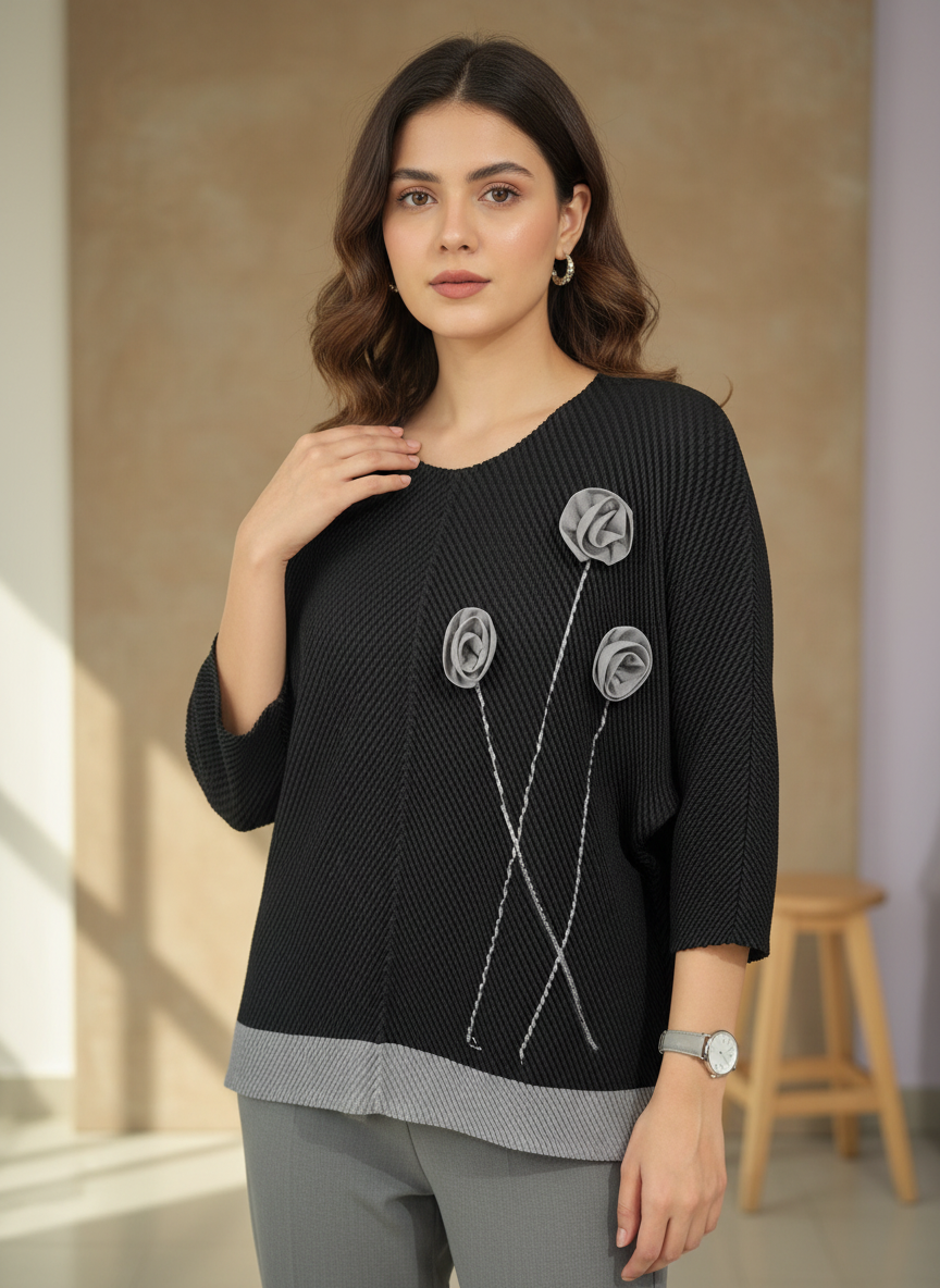 The Floral Appliqué Pleated Blouse
