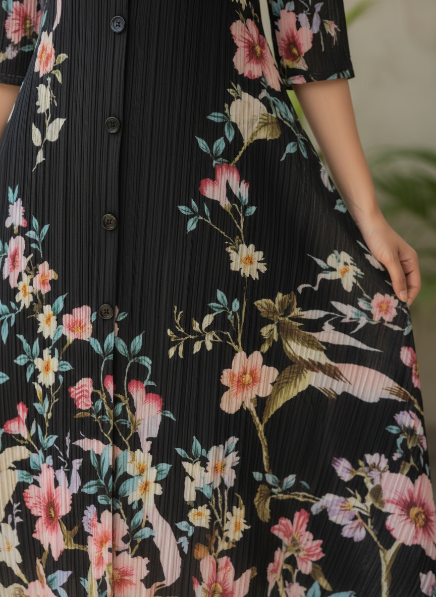 Floral Pleated Dress- Black