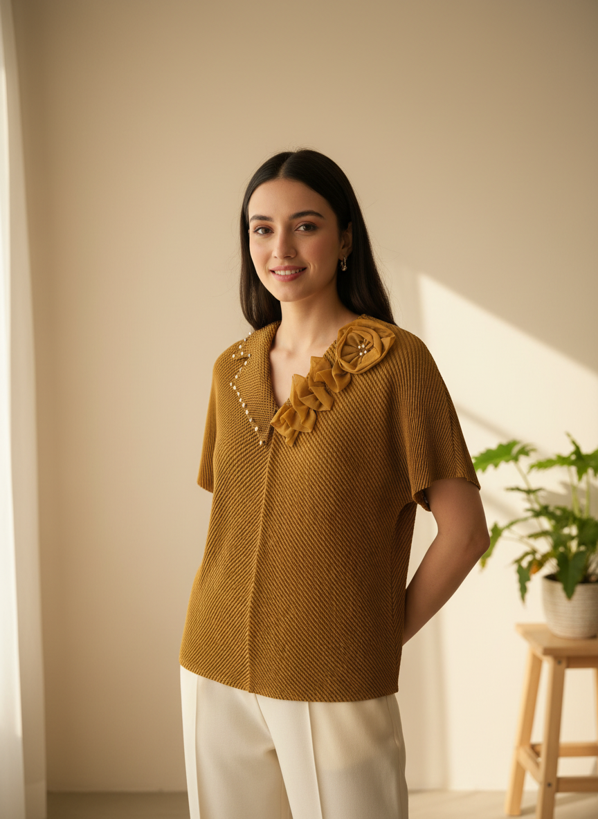 Floral Embellished V-Neck Pleated Blouse - Plus Size Friendly