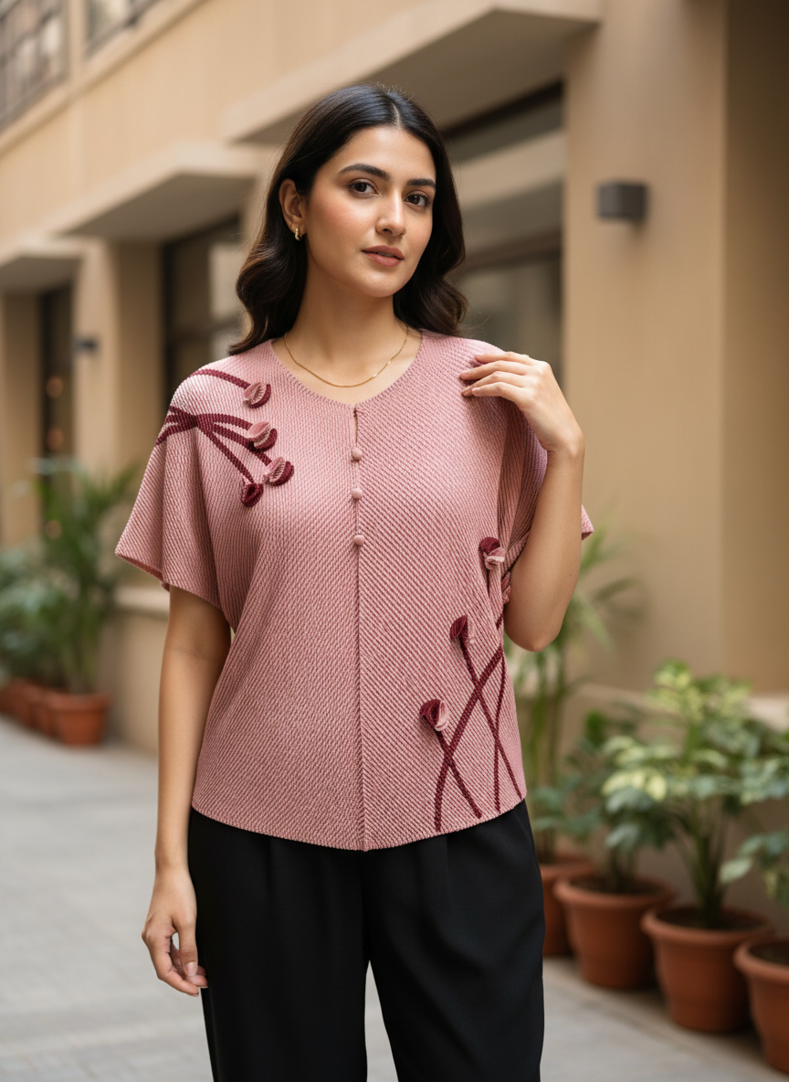 Floral Textured Pleated Blouse