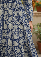 Indigo Botanical Smocked-Collar Gown