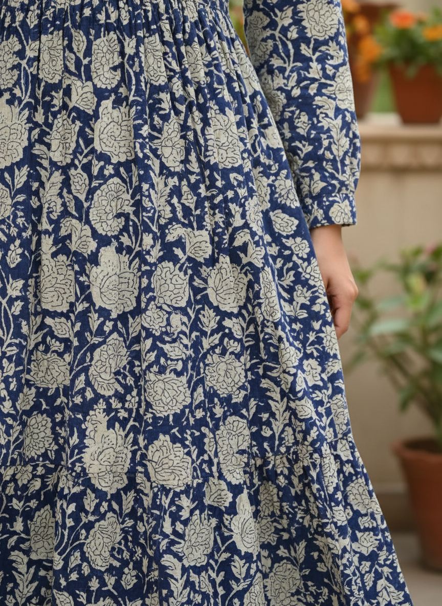 Indigo Botanical Smocked-Collar Gown