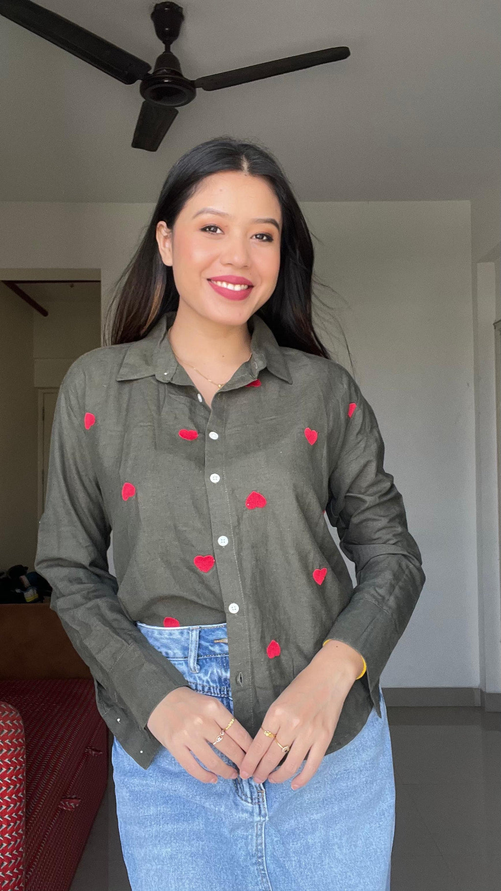 Heart-Embroidered Button-Down Relaxed Shirt