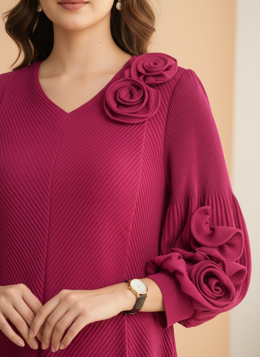 The Rosette Pleated Midi in Deep Fuschia