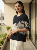 Abstract Ink-Print Pleated Tunic