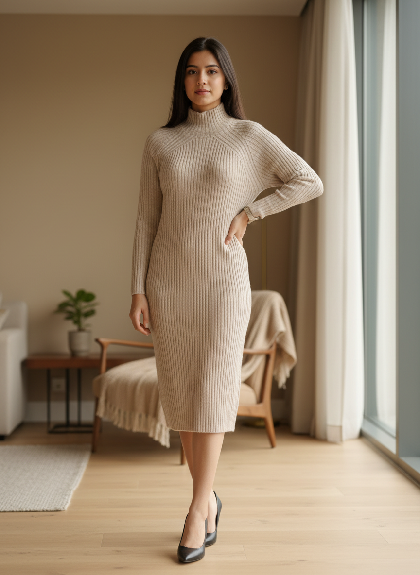 Sandstone Ribbed Mock-Neck Knit Midi