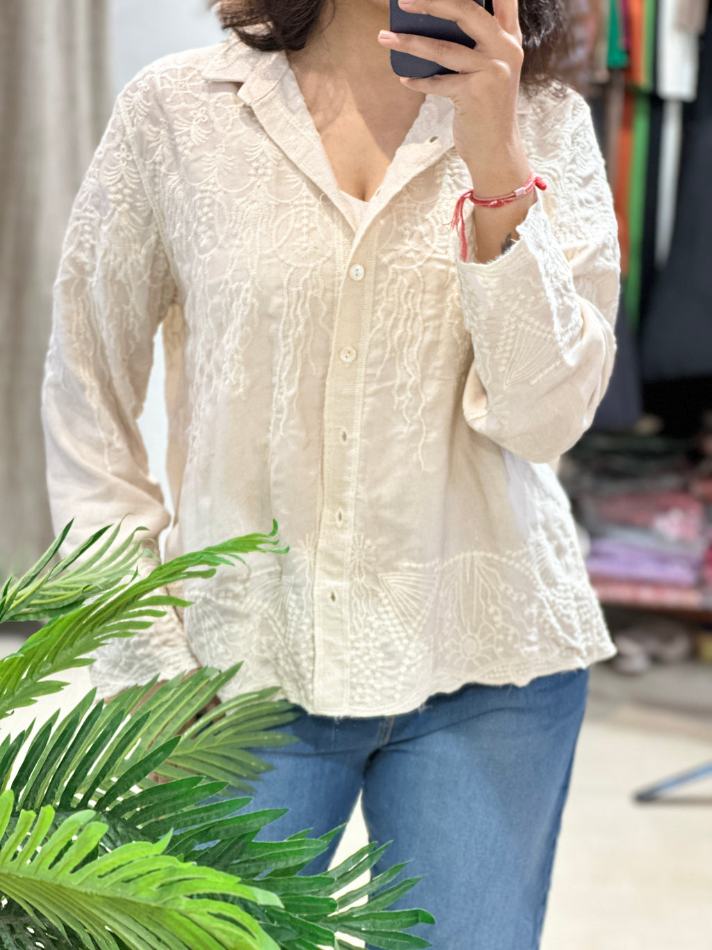 Linen Silk Threadwork Shirt- Cream