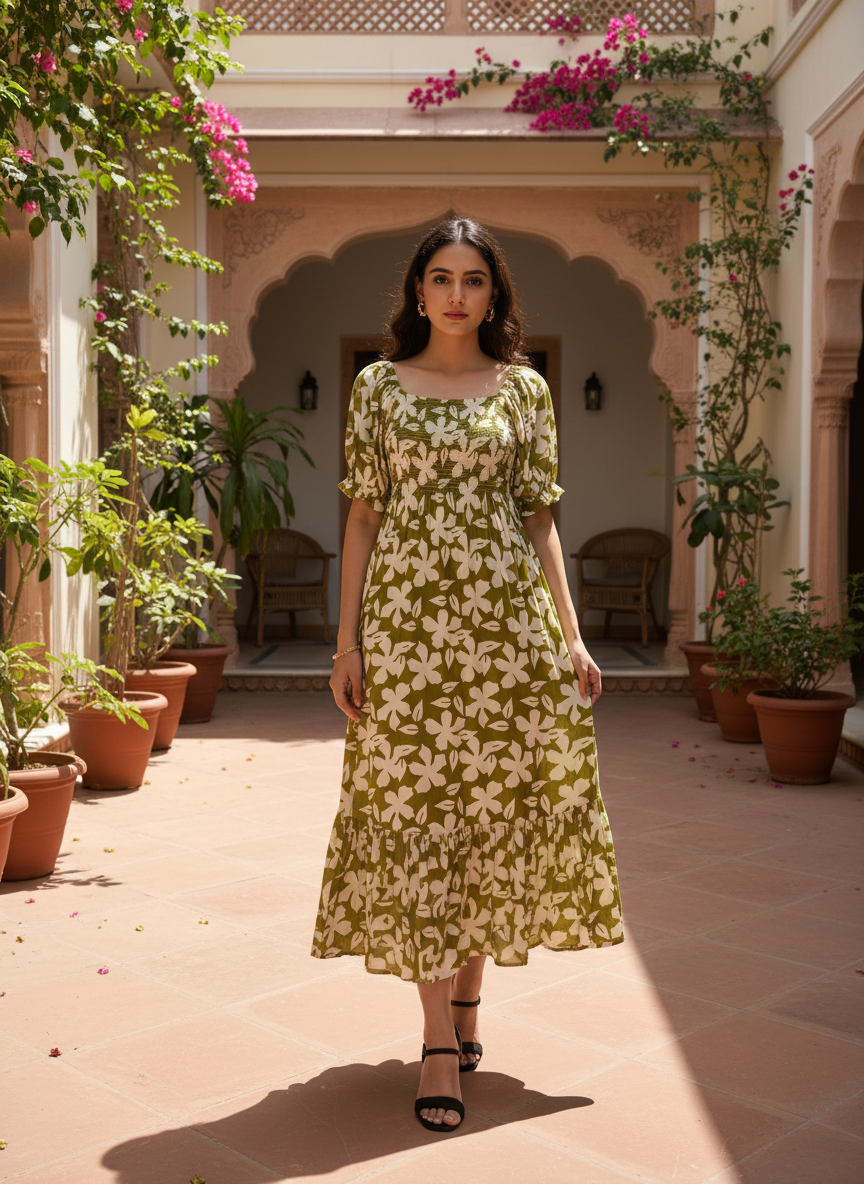 Amethyst Flora Smocked Midi Dress