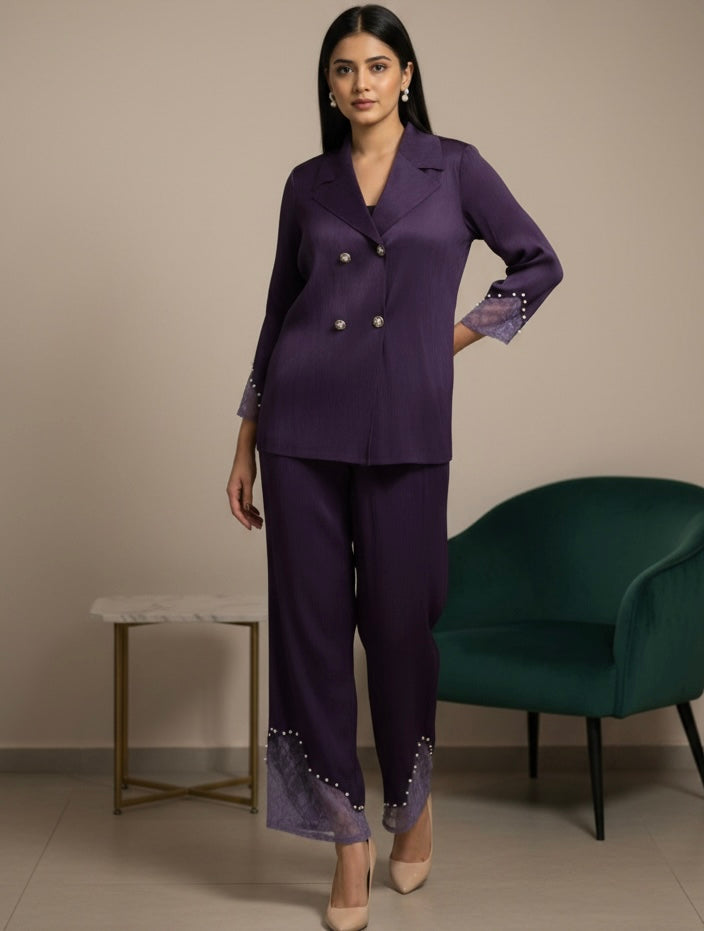 The Elara Lace-Trim Pleated Suit Set- Wine