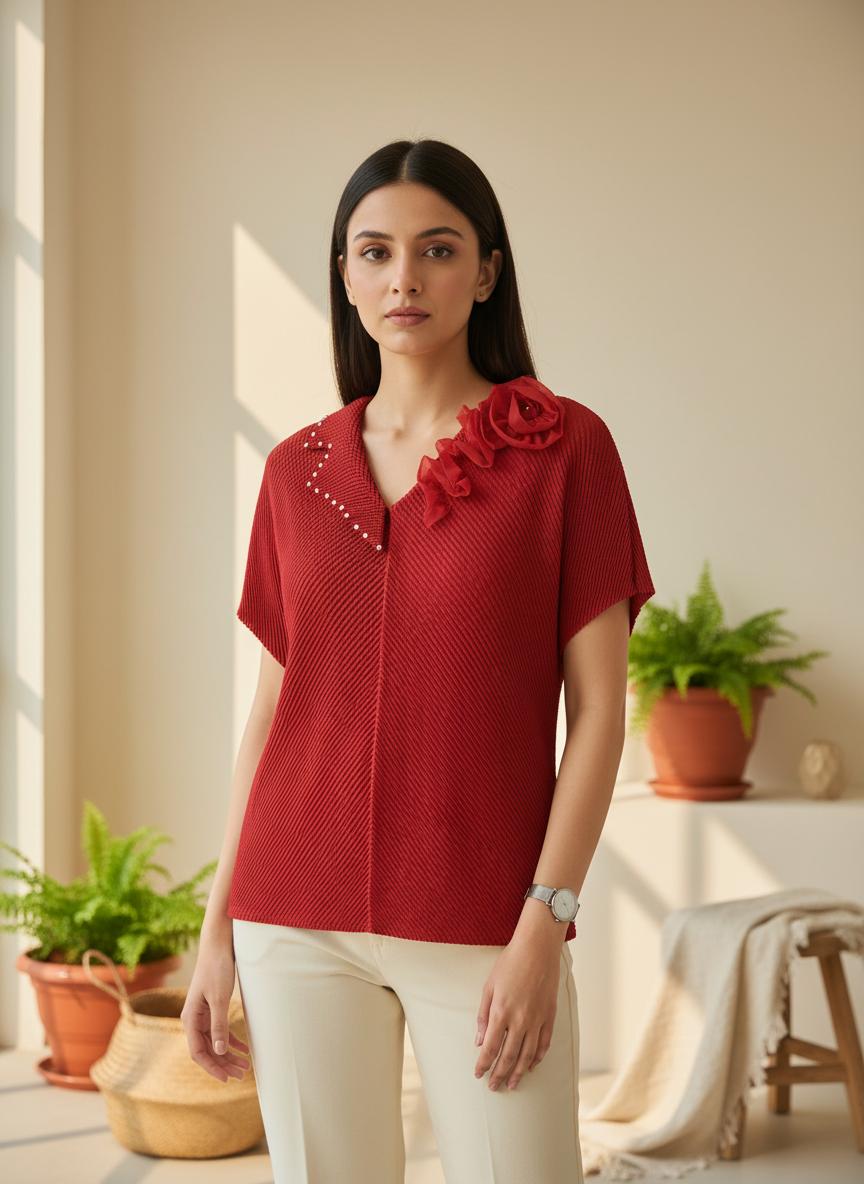 Floral Embellished V-Neck Pleated Blouse - Plus Size Friendly