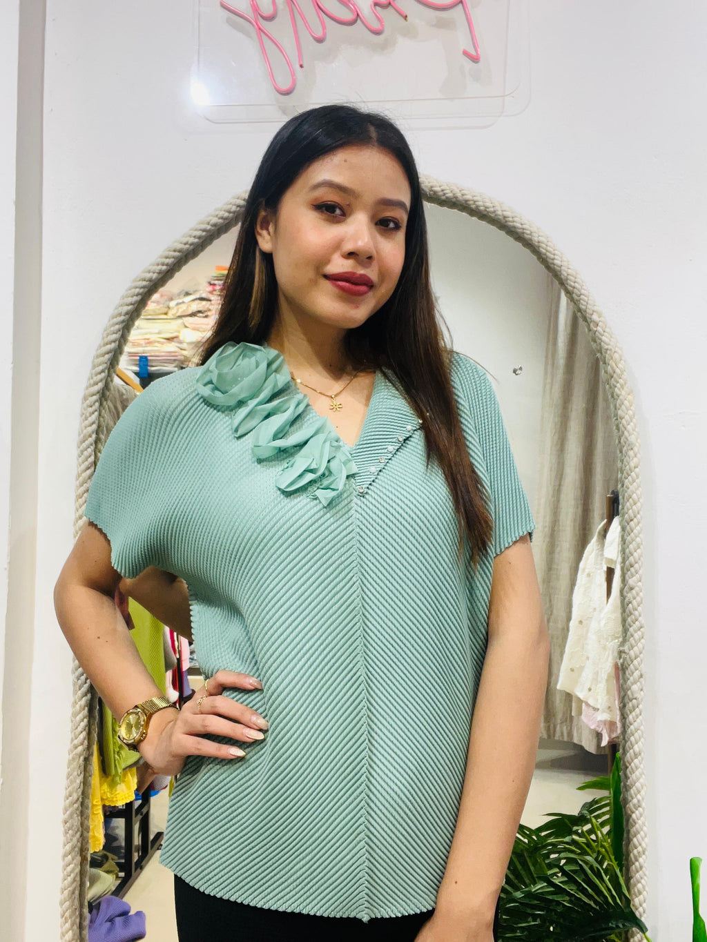 Floral Embellished V-Neck Pleated Blouse - Plus Size Friendly