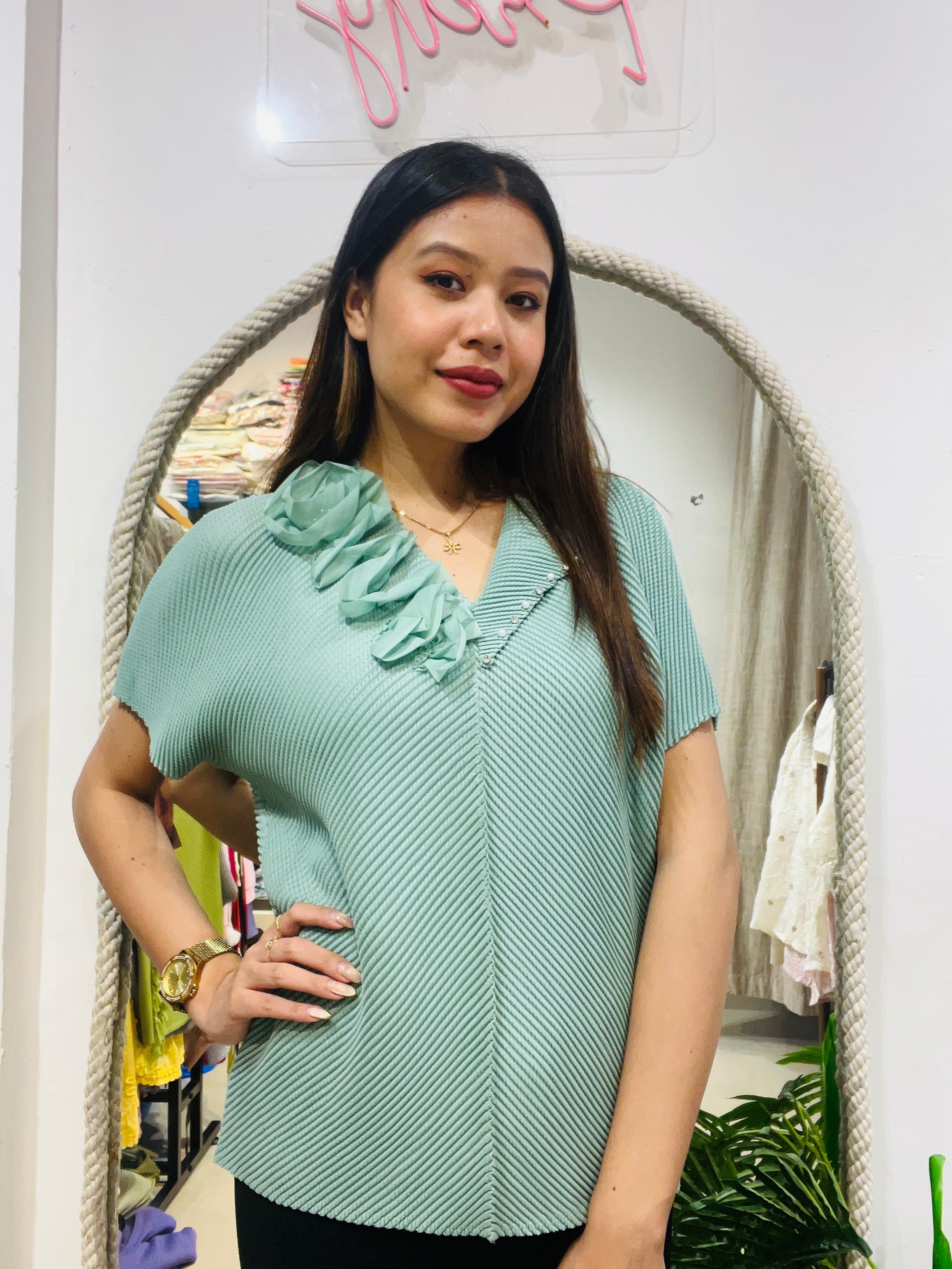 Floral Embellished V-Neck Pleated Blouse - Plus Size Friendly