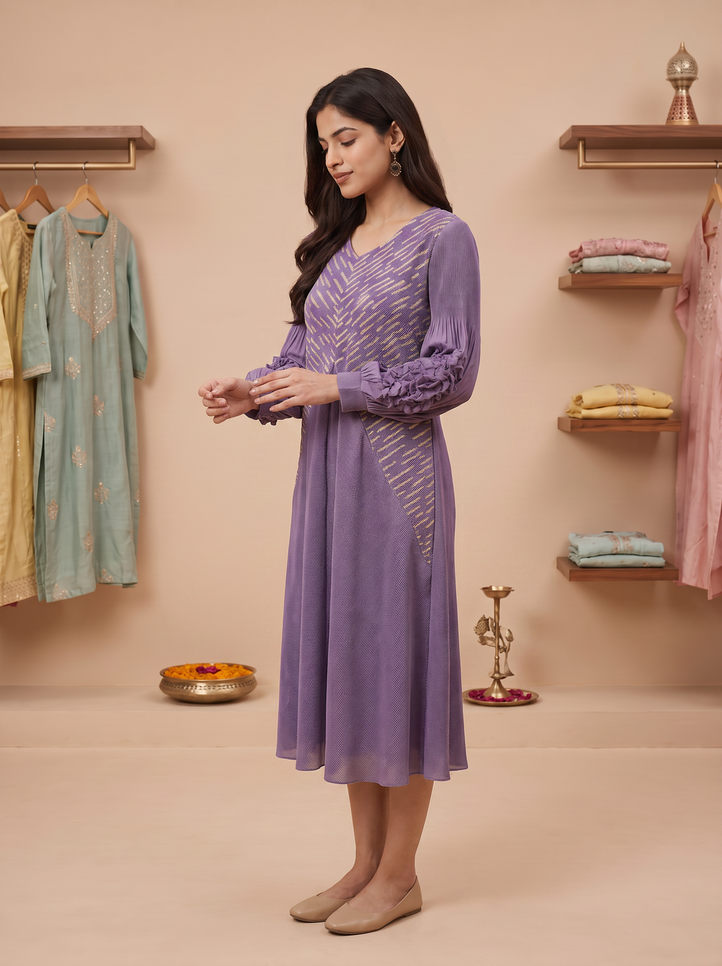 Amethyst Prism Pleated Midi Dress