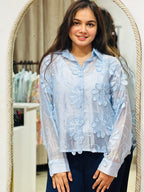 Petal-Soft Sky Blue Sheer Button-Down