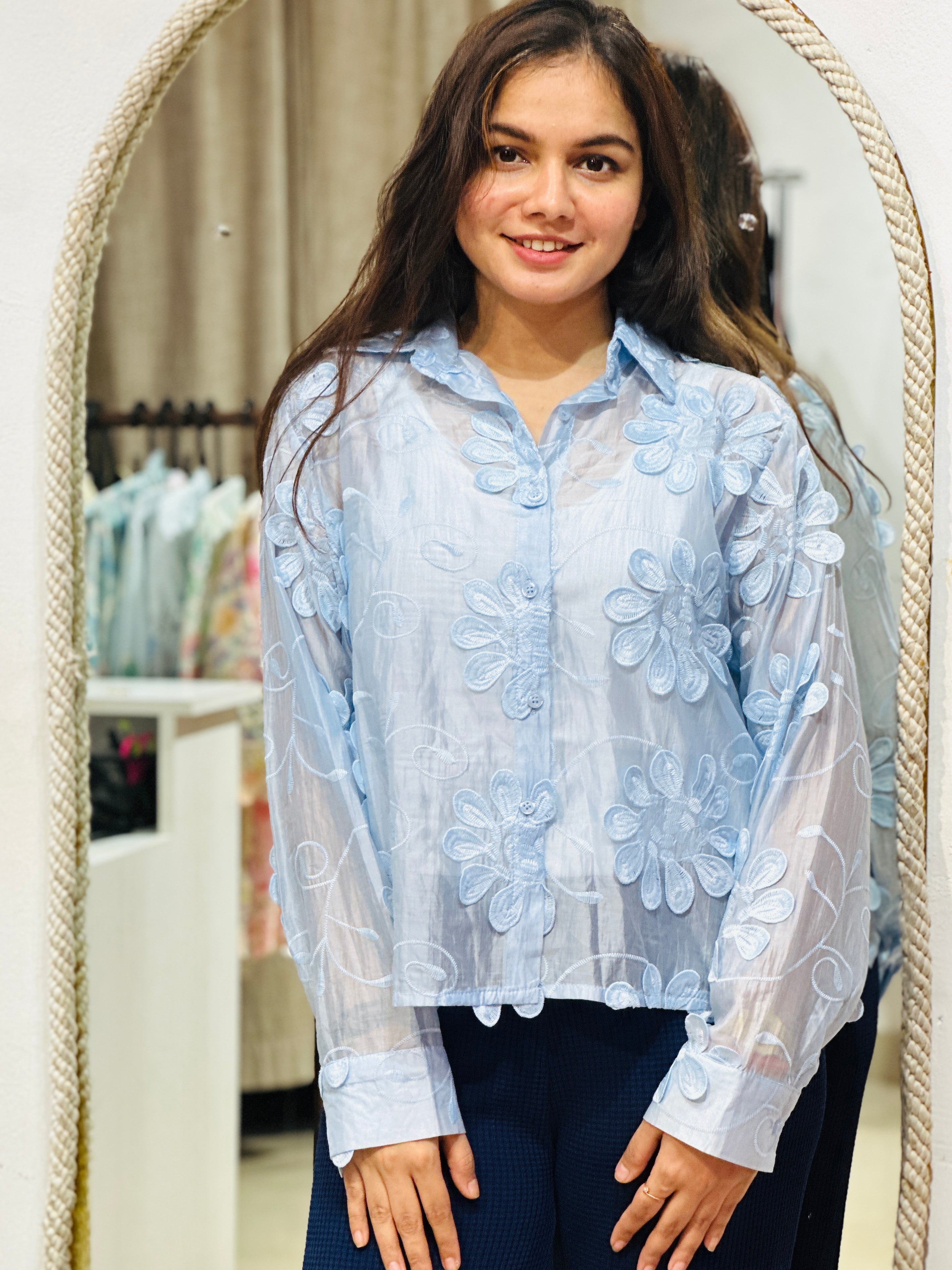 Petal-Soft Sky Blue Sheer Button-Down