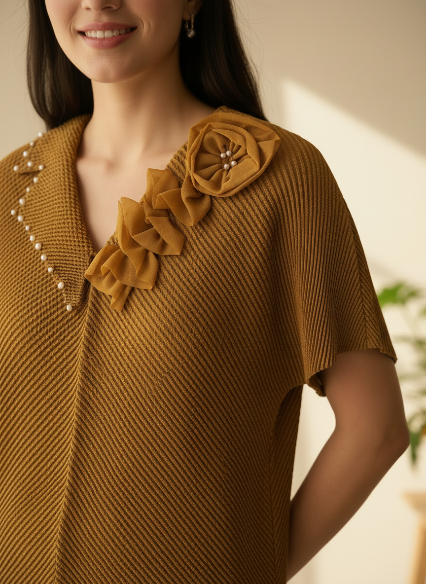 Floral Embellished V-Neck Pleated Blouse - Plus Size Friendly