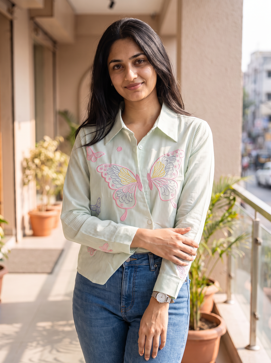 Striped Butterfly Embroidered Shirt