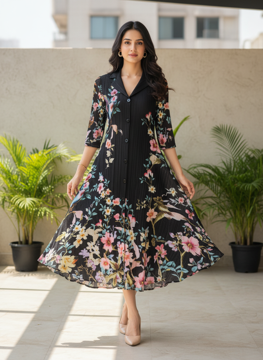 Floral Pleated Dress- Black