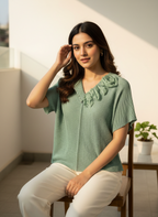Floral Embellished V-Neck Pleated Blouse - Plus Size Friendly
