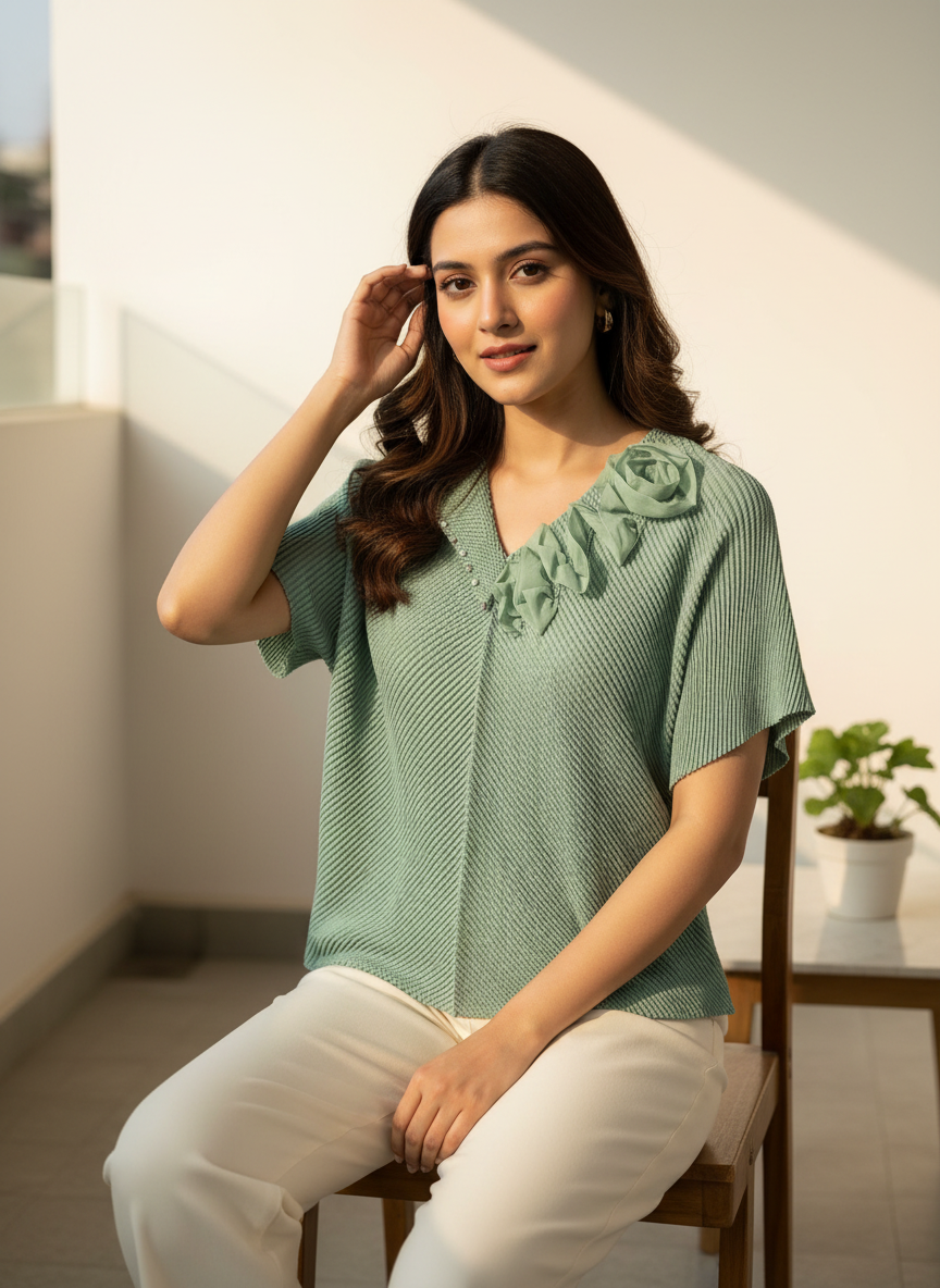 Floral Embellished V-Neck Pleated Blouse - Plus Size Friendly