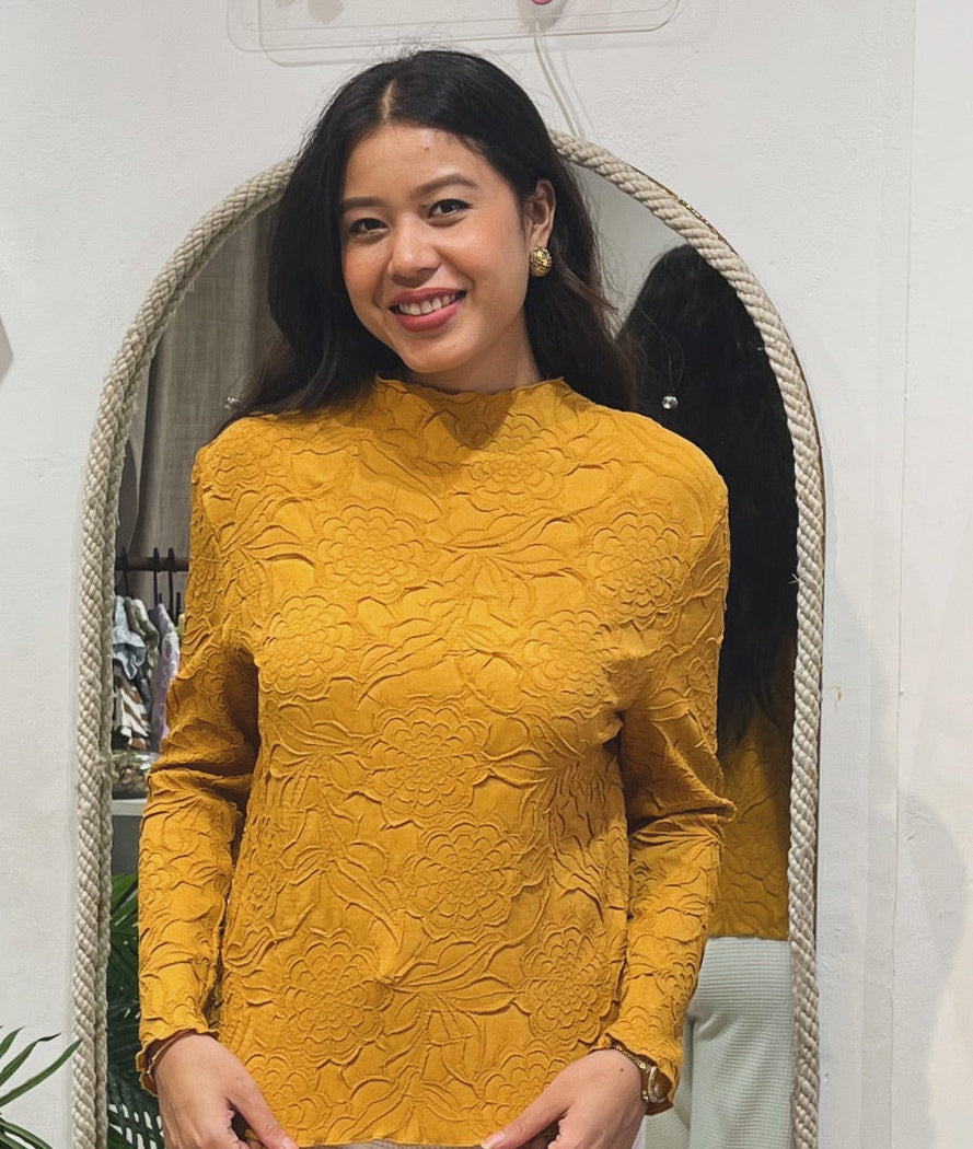 Marigold Embossed Floral Mock-Neck Top