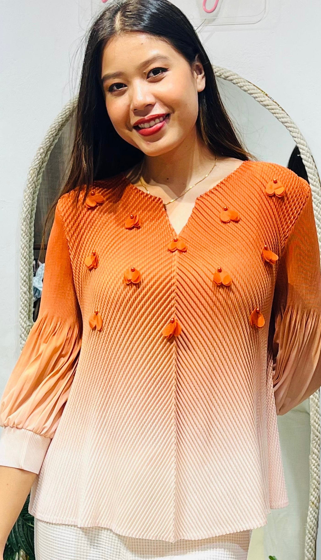 Ombré Petal-Accented Pleated Tunic Top