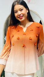 Ombré Petal-Accented Pleated Tunic Top