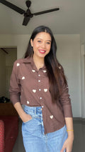 Heart-Embroidered Button-Down Relaxed Shirt
