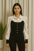 Two-Tone Buttoned Knit Corset Blouse