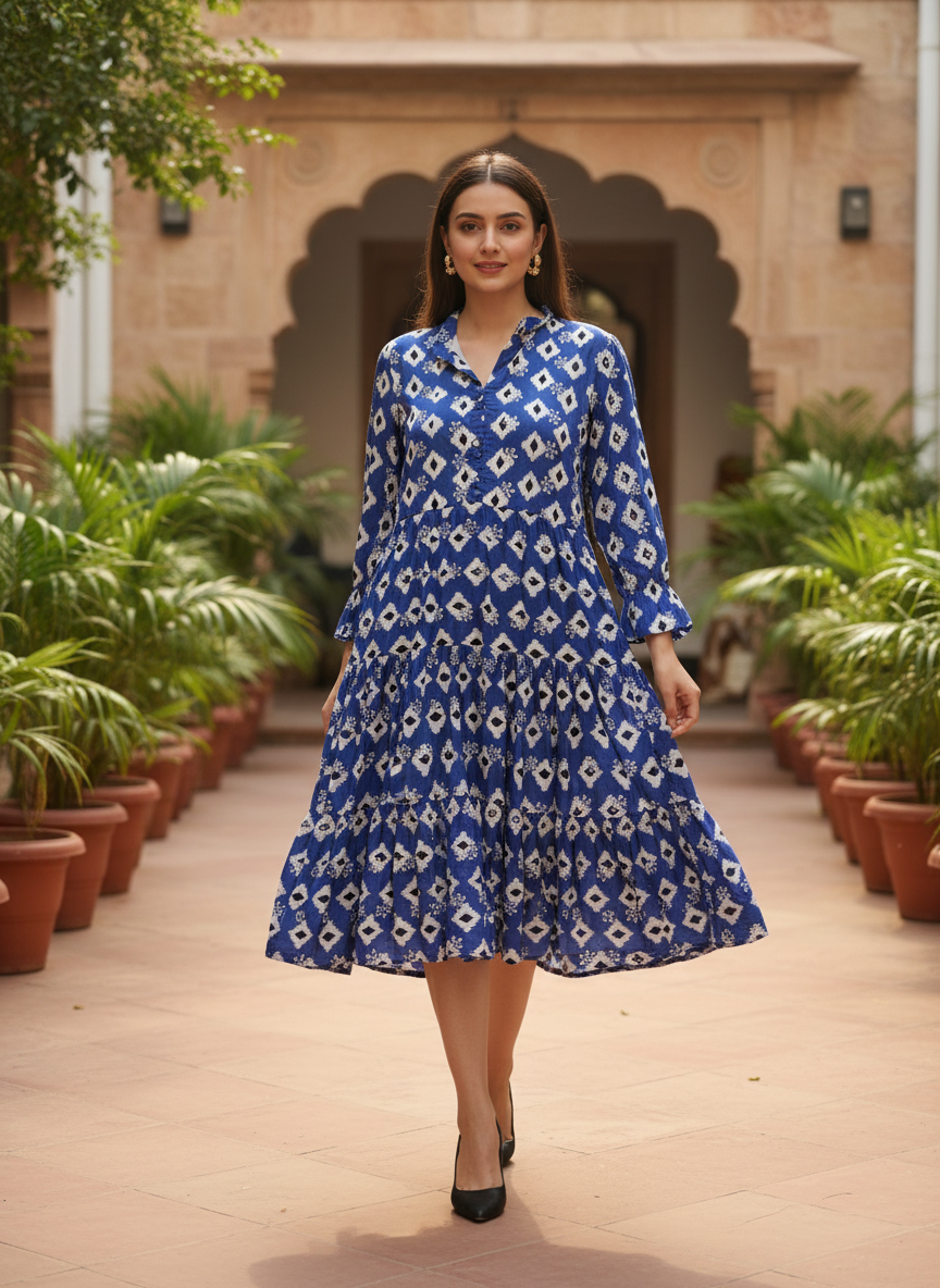 Royal Blue Diamond Batik Fit & Flare