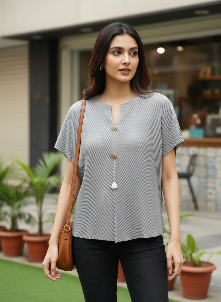 Silver Textured Button-Down Top