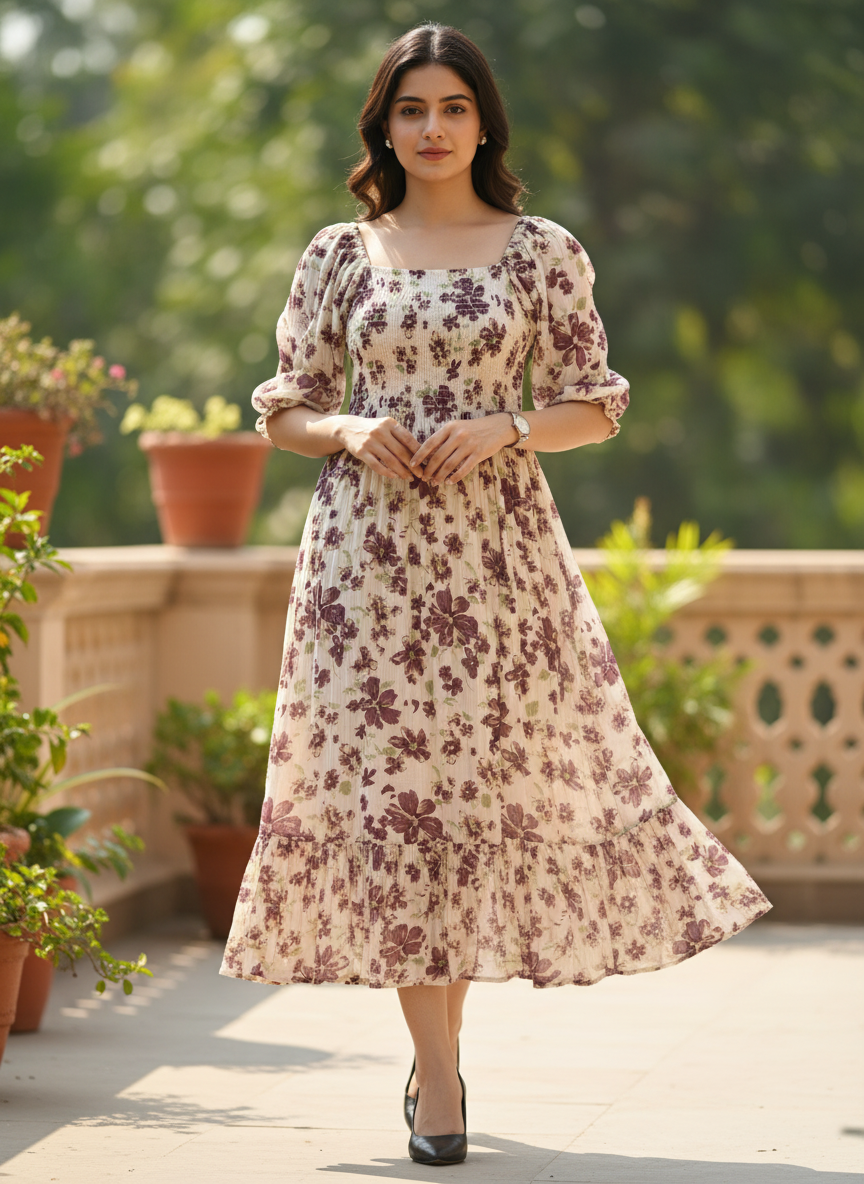 Amethyst Flora Smocked Midi Dress
