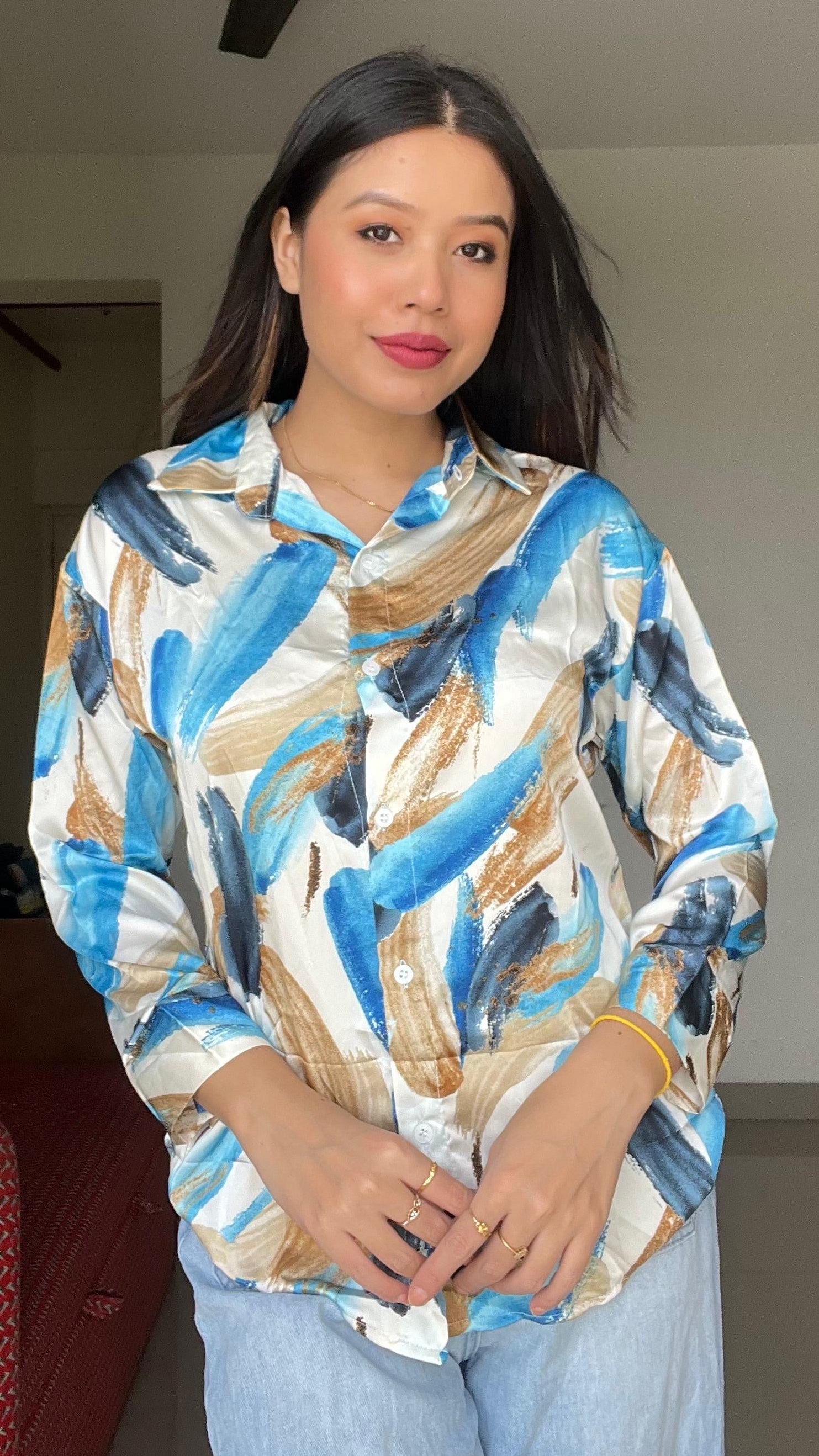 Azure Brushstroke Satin Shirt