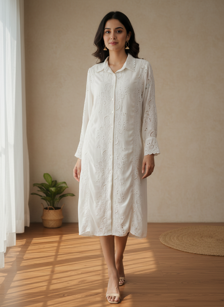 White Eyelet Embroidery Shirt Dress