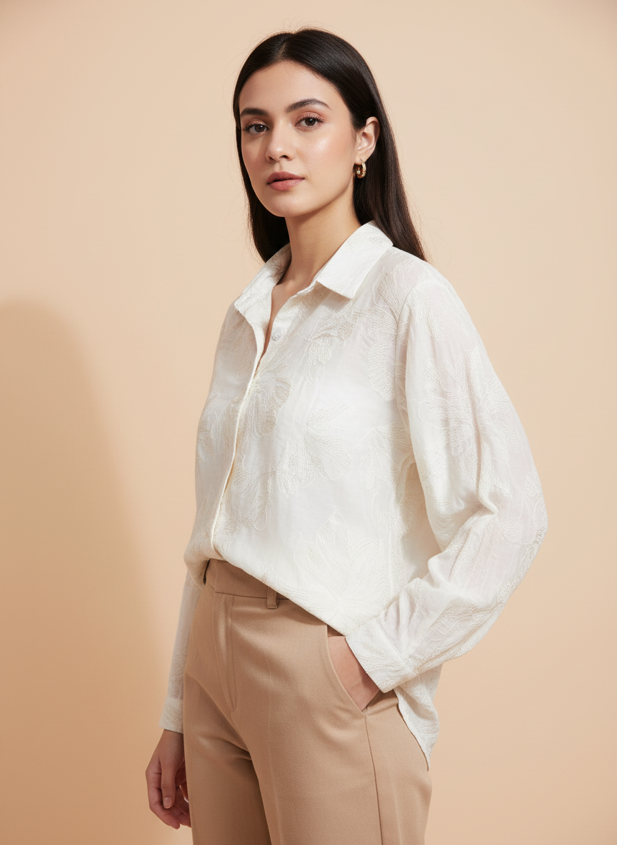 The Aria Tonal Embroidered Blouse – Ivory