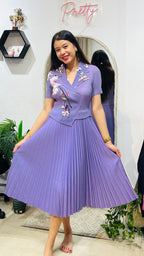 Lavender Floral Pleated Midi Dress